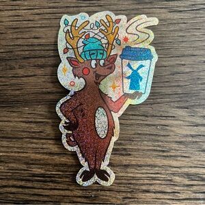 Dutch Bros Holographic Reindeer Sticker with Blue Beanie and Coffee Cup